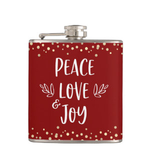 Flasques Red Peace Love Joy Typographie moderne Gold Confet