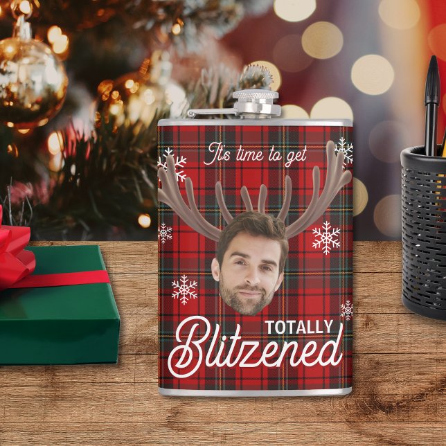Flasques Red Plaid Blitzened Holiday Humor Drinking Flask (Red plaid Christmas flask with snowflakes and “It’s time to get Blitzened” holiday humor.)