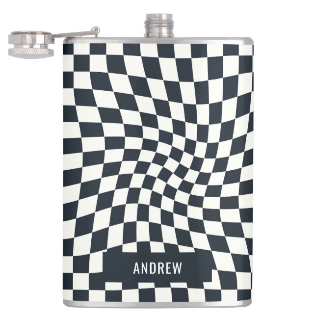 Flasques Retro Indigo White À damiers Personnalisé (Ouvert)