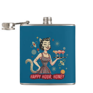 Flasques Rétro Pin-Up Chat Atomique "Happy Hour, Chérie"