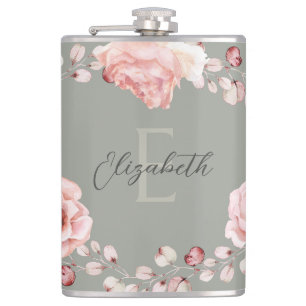 Flasques Rose d'aquarelle Wreath personnalisée   Vert sage