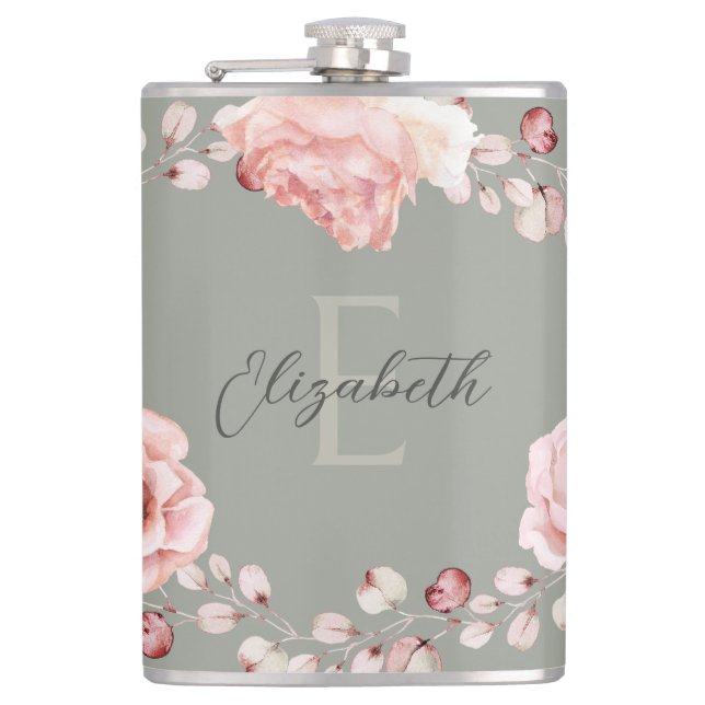 Flasques Rose d'aquarelle Wreath personnalisée | Vert sage (Devant)