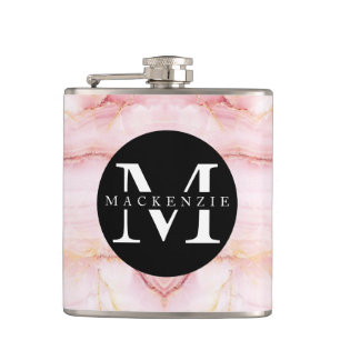 Flasques Rose Gold Monogramme Nom Modern Elegant Marble Cut