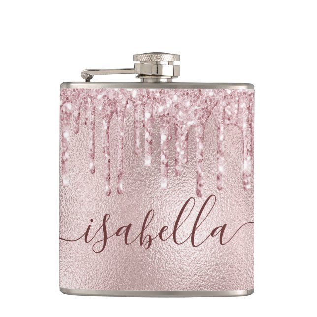 Flasques Rose gold rose pailleté monogramme script (Devant)