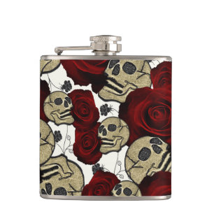Flasques Roses et crânes rouges Noir Floral Blanc gothique