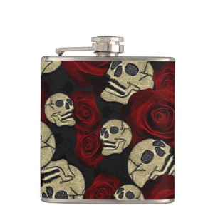 Flasques Roses rouges et crânes gris noir floral gothique