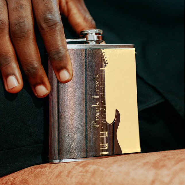 Flasques Rouge Bois & Tan Brown Couleur Nom du bloc Guitare (Red Wood & Tan Brown Color Block Name Guitar Flask)