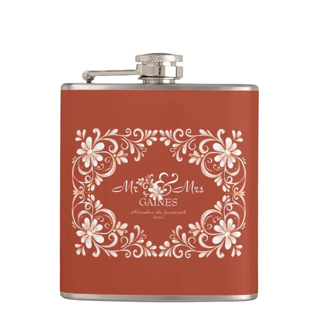 Flasques Rouille rouge romantique M & Mme Flask Mariage (Devant)