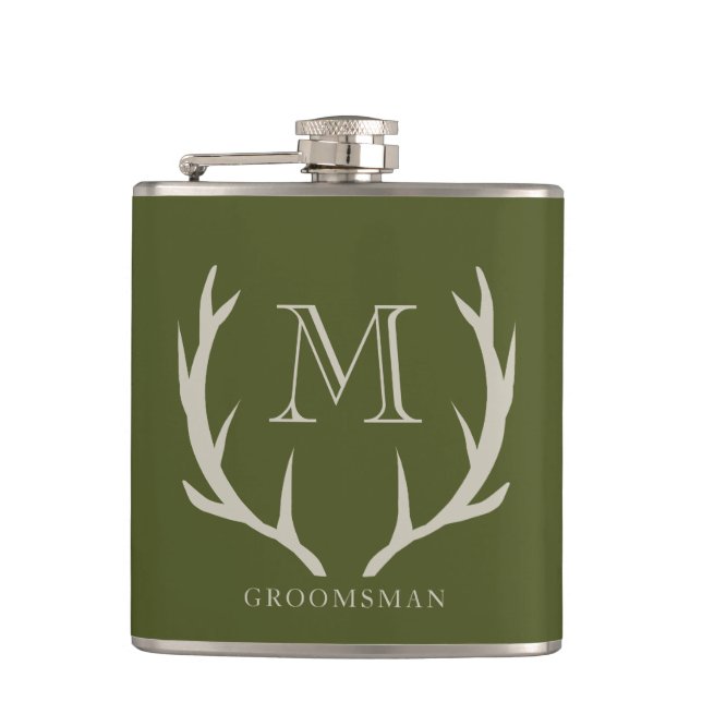 Flasques Rustic Army Green Antler Personnalisé Groomsmen Ca (Devant)