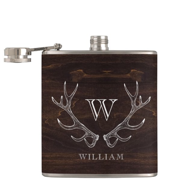 Flasques Rustique Brown Antler Monogrammé Groomsman Cadeau (Ouvert)