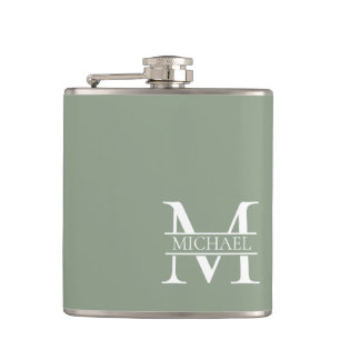 Flasques Sage Vert Elégant Personnalisé Monogramme & Nom