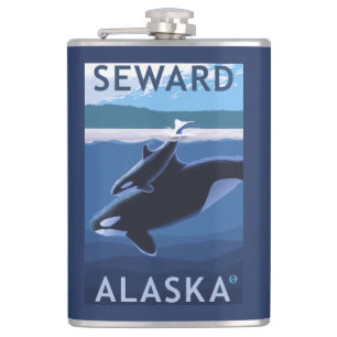 Flasques Seward, AlaskaOrca et scène de veau