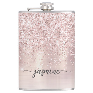 Flasques Signature de nom monogramme pailleté or rose éléga