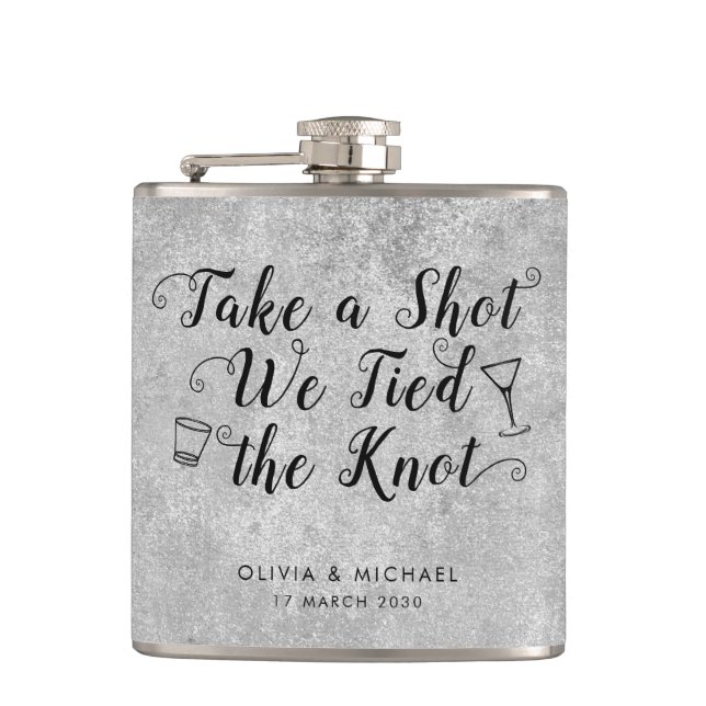 Flasques Silver Grey Lied the Knot Prendre Shot Wedding Fav (Devant)