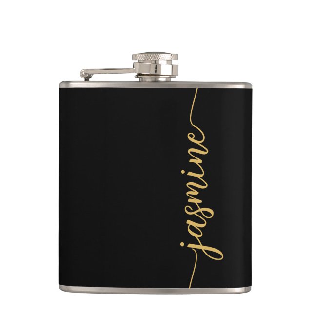Flasques Simple Black Gold Girl Monogramme Nom Signature (Devant)