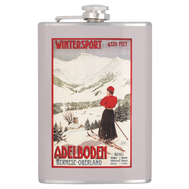 Flasques Skieur de femme donnant sur l'affiche d'Adelboden (Devant)
