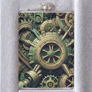 Flasques Steampunk Industrial Green Clocwork Gears