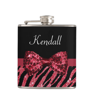 Flasques Style Red Zebra Print FAUX Glitz Bow avec nom