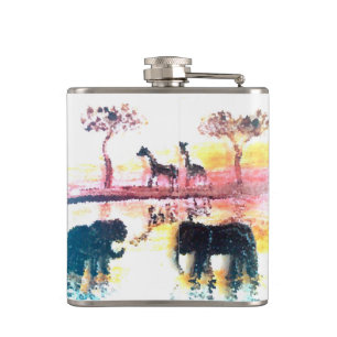 Flasques Sunset Painting African Elephant, Giraffe