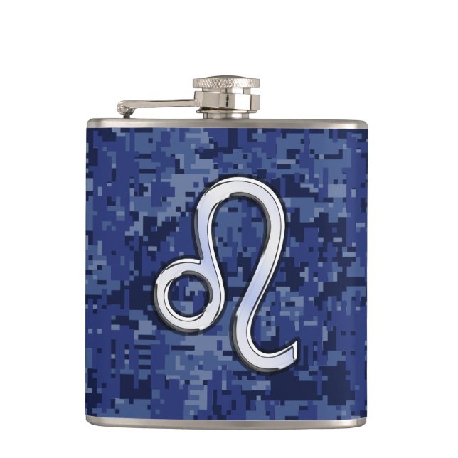 Flasques Symbole Leo Zodiac sur la Camo numérique bleu mari (Devant)