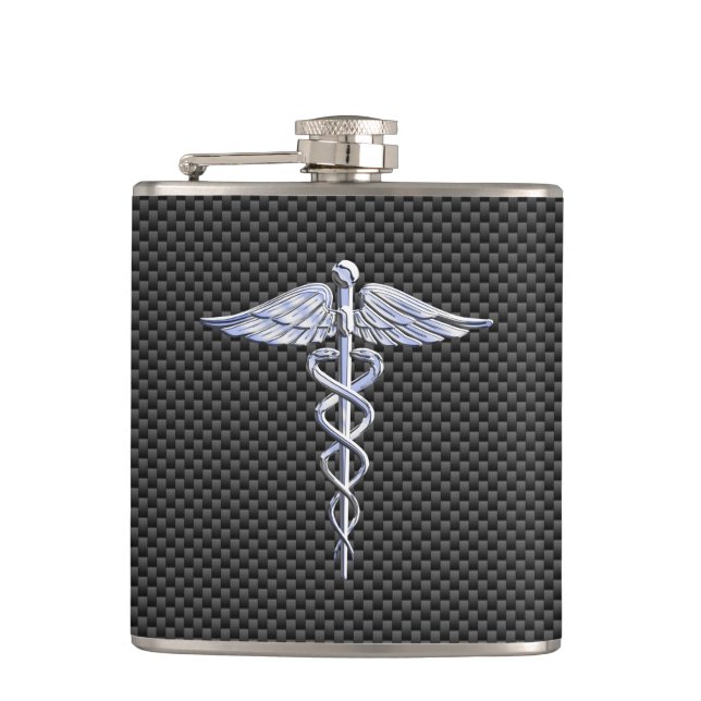 Flasques Symbole Médicale Chrome Caduceus Fibre de carbone  (Devant)