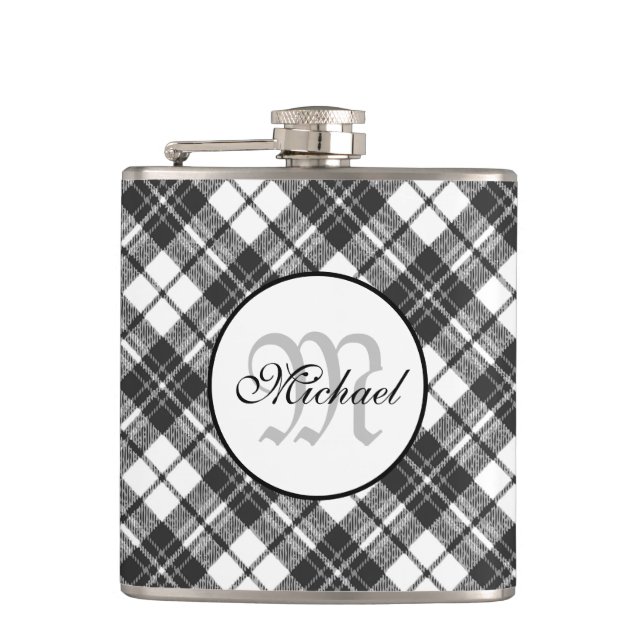 Flasques Tartan motif Noël noir blanc Monogramme (Devant)