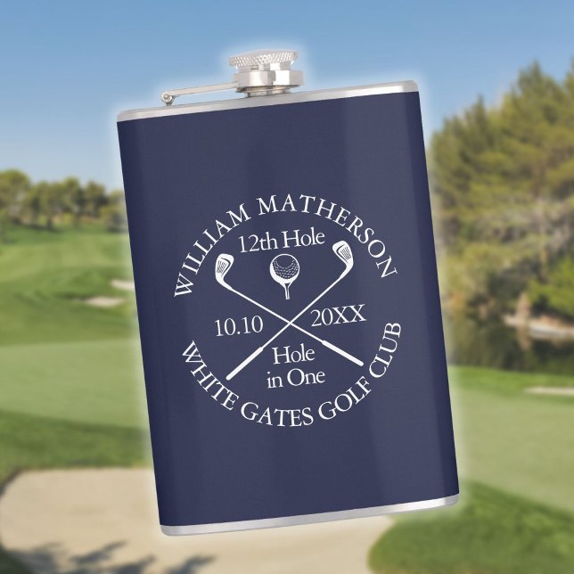 Flasques Trou de golf personnalisé en bleu marine (Personalized Golf Hole in One Navy Blue Flask)