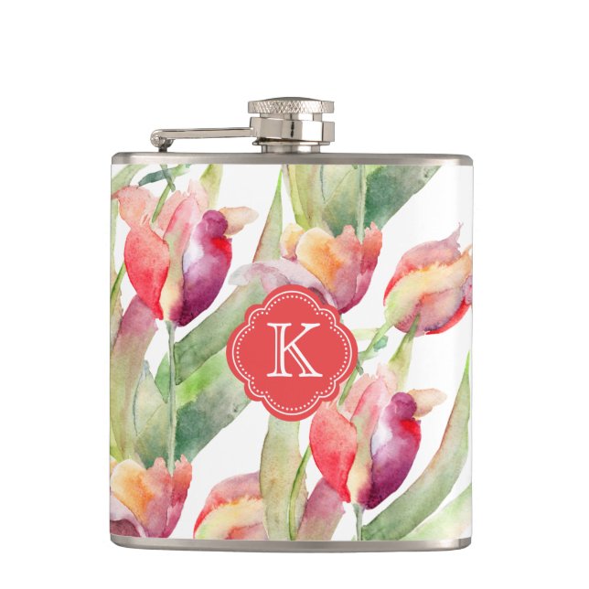 Flasques Tulipes d'aquarelle colorée avec Monogramme (Devant)