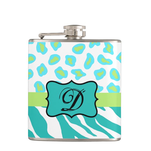 Flasques Turquoise Blanc Vert Zèbre Léopard Monogramme de p (Devant)