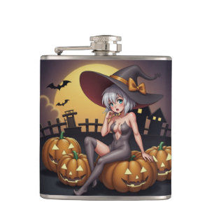Flasques Une sorcière d'Halloween aux yeux verts sur Jack-O