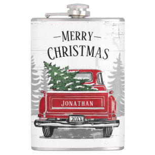 Flasques Vintage Camion Rouge Arbre de Noël Nom Bois rustiq