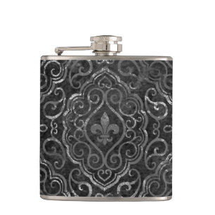 Flasques Vintage Fleur de Lis Black Silver Grunge Damask