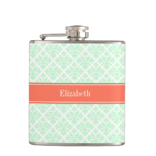 Flasques Vintage Mint Blanc Damas #3 Nom du corail Monogram