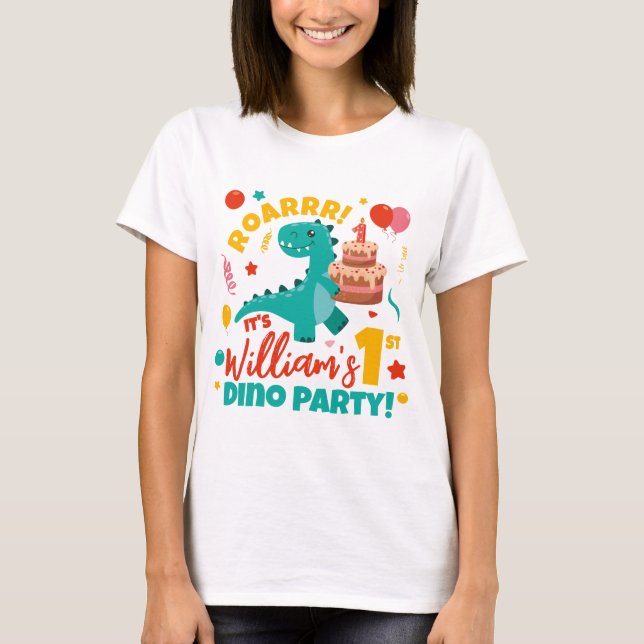 Flat 1st Birthday Dino Party Colourful T-Shirt (Front)