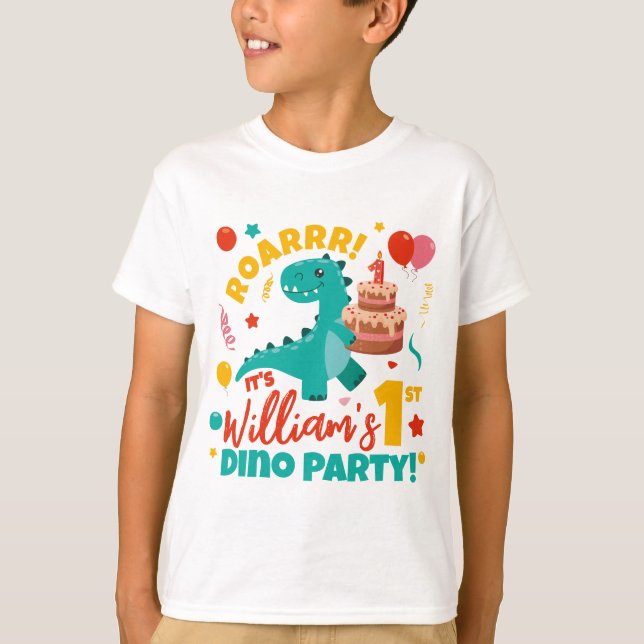 Flat 1st Birthday Dino Party Colourful T-Shirt (Front)