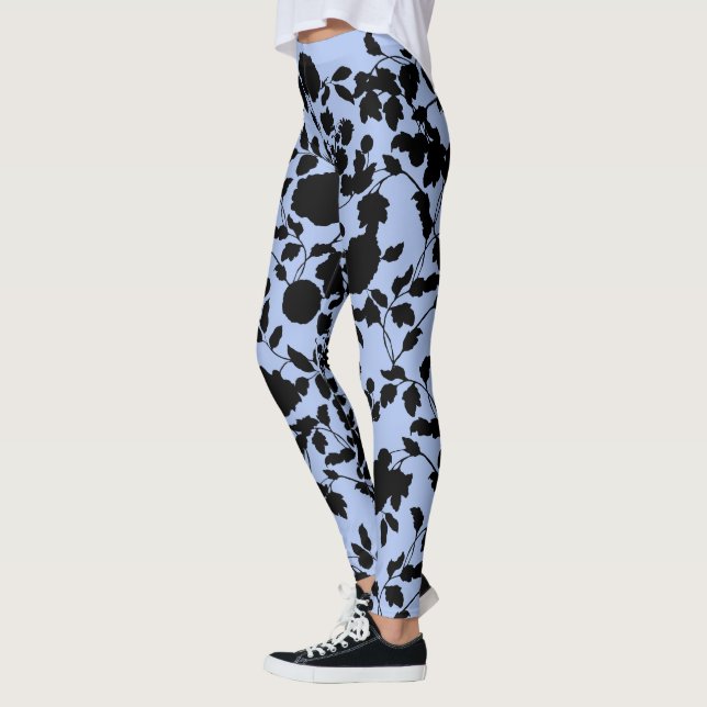 Flat Black On Periwinkle Blue Floral Toile Leggings (Left)