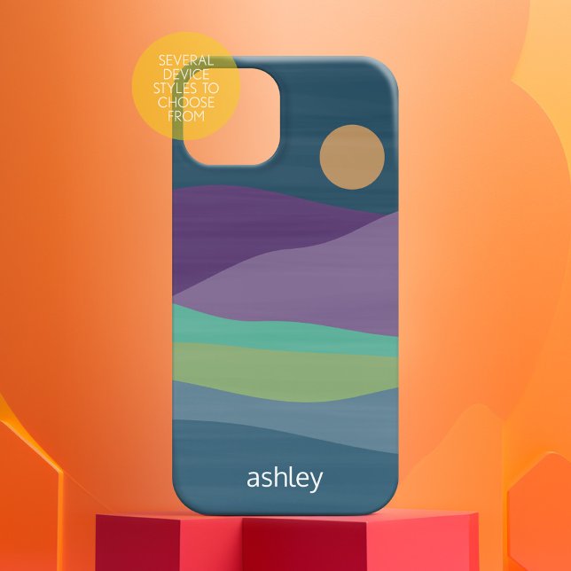 Flat Boho Abstract Landscape Sunset and Mountains (Personalized Phone Case with Custom Text and Trendy Design)