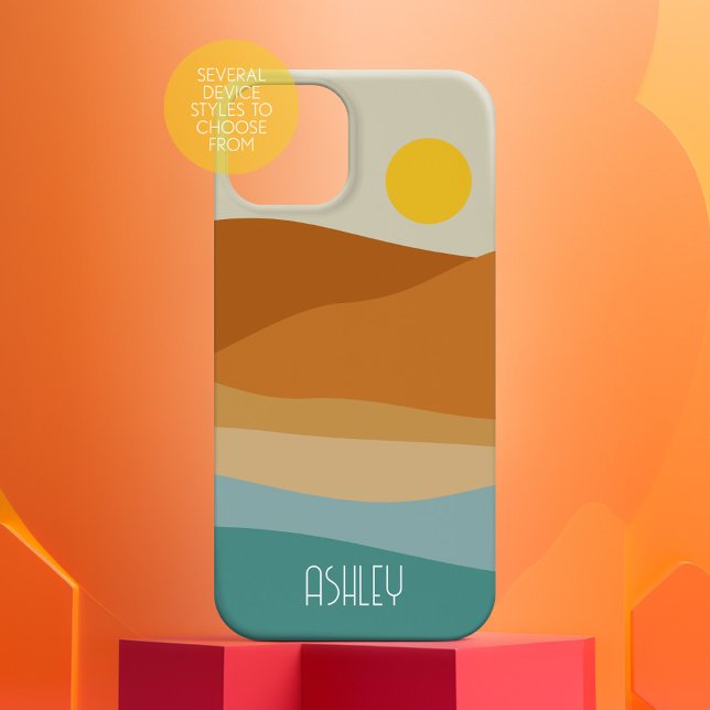 Flat Boho Abstract Landscape Sunset and Mountains iPhone 16 Case (Personalized Phone Case with Custom Text)