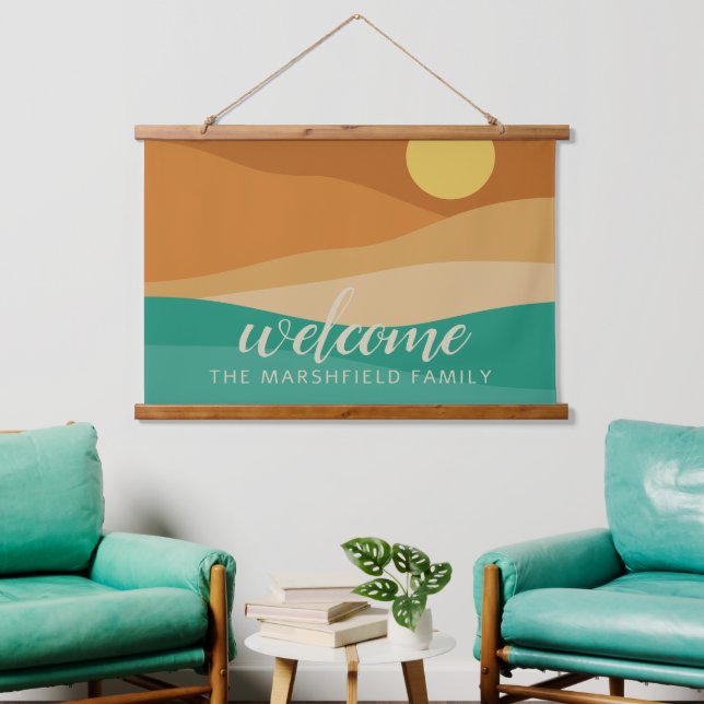 Flat Boho Mountain Sunset Desert colours Welcome Hanging Tapestry (Living Room)