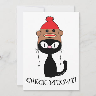 Flat Card Check Meowt Black Cat w/ Sock Monkey Hat
