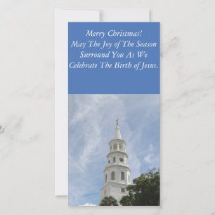 Flat Christmas Card, White Steeple, Church Holiday Card