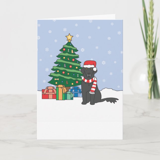 Flat-Coated Retriever and Christmas Tree Holiday Card (Front)