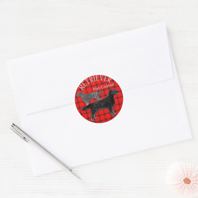 Flat-Coated Retriever on Plaid Classic Round Sticker (Envelope)