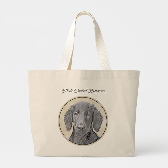 Flat-Coated Retriever Painting Black Pet Dog Art Large Tote Bag (Back)