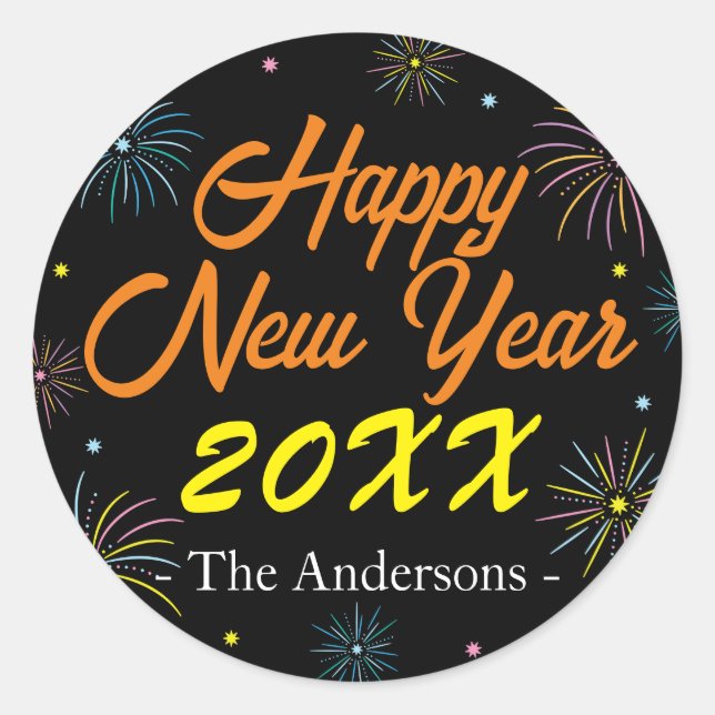 Flat Colourful New Year's Eve Party - Black Classic Round Sticker (Front)