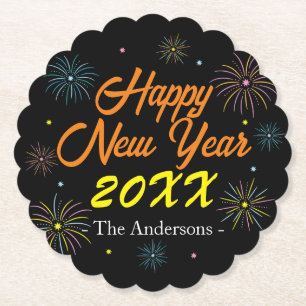 Flat Colourful New Year's Eve Party - Black Paper Coaster