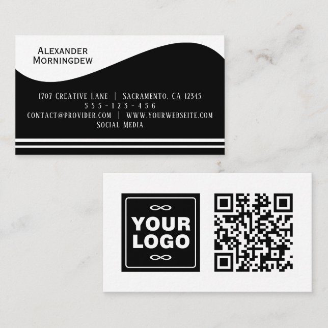 Flat Label Border - Wave black 1 - logo + QR code Business Card (Front/Back)