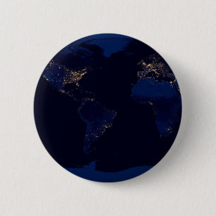 Flat Map Of Earth Showing City Lights Of World 2 Inch Round Button
