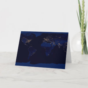 Flat Map Of Earth Showing City Lights Of World Card