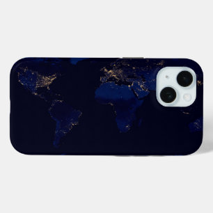 Flat Map Of Earth Showing City Lights Of World iPhone 15 Case